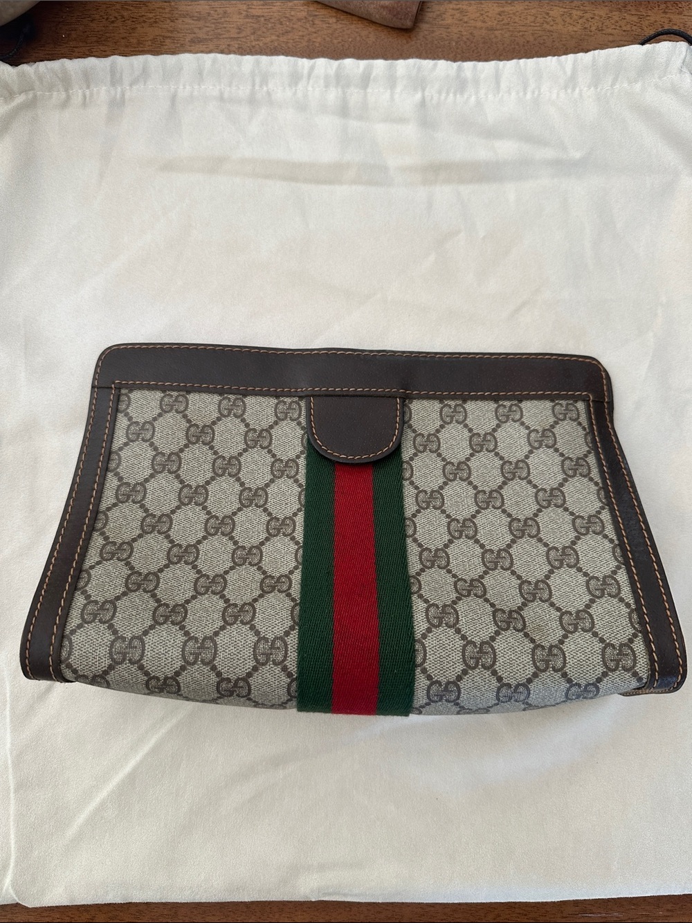 AUTH Gucci Brown Monogram Clutch Green Red Web Stripe Vintage with CoA